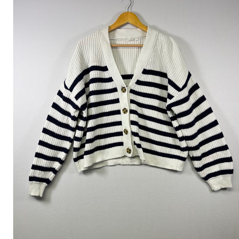 Gap Cardigan Sweater W XL White‎ Navy Blue Striped Shaker Stitch Cotton V-Neck